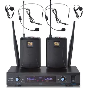 Dual  UHF  Microphone System, 2x30 Adjustable Frequencies, Lavalier & Headset Microphone System for Meeting, Church, 300ft Range (2 Bodypack)