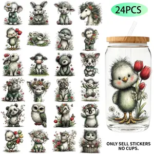 UV DTF Transfer Stickers - 24 Pieces/Set Spring Cute Pet Animals Theme UV DTF 16OZ DIY Transfer Stickers Suitable For 16 Oz Water Bottle Glass Jar Laptop Computer Home Decor DIY High Viscosity Transfer Paper