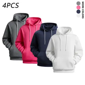4-pack men’s hoodies with thickened plush lining, solid-color drawstring sweatshirts, long sleeves, kangaroo pocket at the hem with a gathered/cuffed edge—premium warm pullover for autumn, sporty casual versatile top