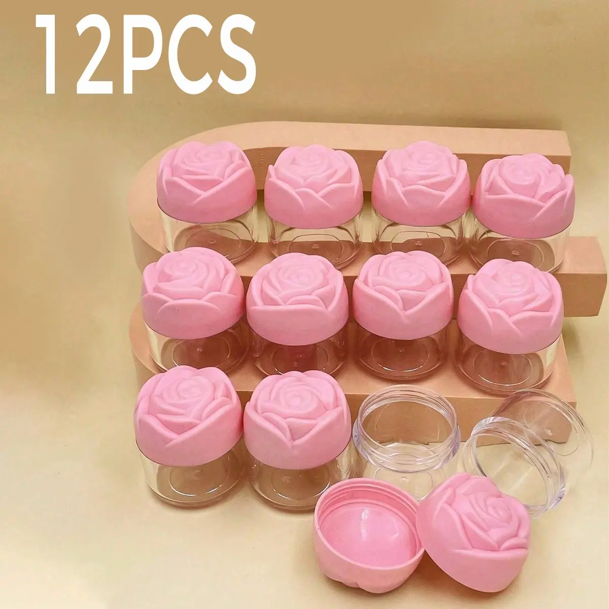 12-Pack Plastic Cosmetic Cream Jars, Bottles, Transparent Round Empty Containers, Rose Gold Lids, Reusable Mini Makeup Storage, 20g Travel Size