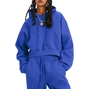 Womens Fleece 2 Piece Outfits Sweatsuit Crop Top and Pants Hoodie Tracksuit Set