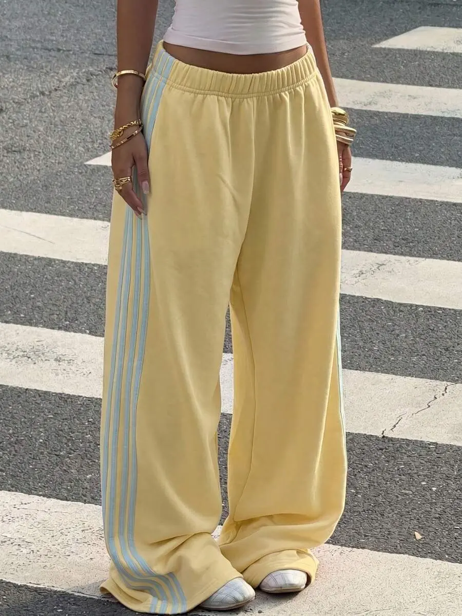 Women's Light Yellow Contrast Color Casual Sporty Loose Knit Sweatpants Back-To-School Everyday Summer