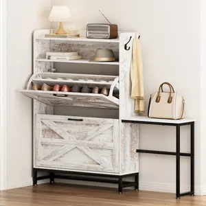 Nicole Selection Modern Narrow Entryway Shoe Cabinet - 13.5" Depth Space Saving Organizer, Large Capacity Hallway Storage Bench for Home, White