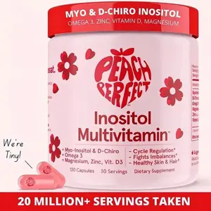 Peach Perfect Happy Hormones Natural PCOS Multivitamin - Myo-Inositol & D-Chiro Inositol, Omega 3, Zinc, Vit D, 120 Capsules, Acne Support, Energy Boost, GMO-Free Essential Vitamins & Minerals