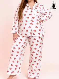 Plus Size Fashion Women's Homeewear Set, Heart Print Long Sleeve Top + Pants Pajamas, Casual Loose Fit Spring & Fall Sleepwear