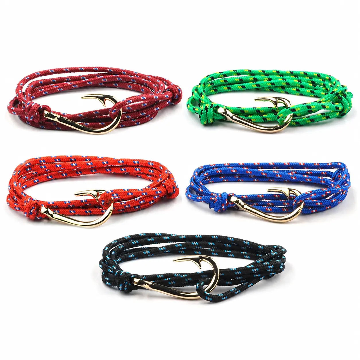 Men's 5-Piece Adjustable Hand-Woven Fishhook Bracelets - Multicolor Handmade Stacking Bangles, Nautical Wristbands, Trendy Layering Accessory for Teens