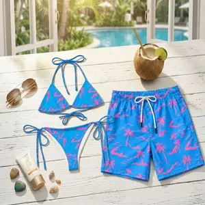 [Hot Summer 2026] - Blue Pink Palm Tree Couple Set, Matching Bikini & Men Shorts Tropical Summer Design