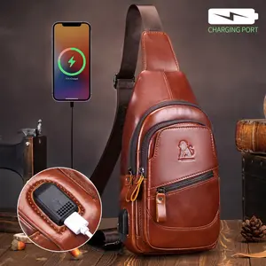 Men's Fashion Genuine Leather Sling Backpack with USB Charging Port, Adjustable Strap, Multi-Compartment Crossbody Chest Bag for Outdoor Activities
