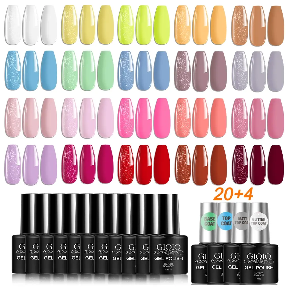GIOIO 24 Pcs Semi Permanent Gel Nail Polish Set Liquid Polish Bright Shiny Glossy Color UV Gel Polish With Base Top Coat Gel Glitter Top Coat Gel Nail Supplies Nail Care Nail Art Design