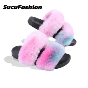 2025 classic Faux Fur Open Toe Two Band Slides Women's Classic Comfortable Summer Footwear with Rubber Sole, Soft and Breathable Design - Flipflop
