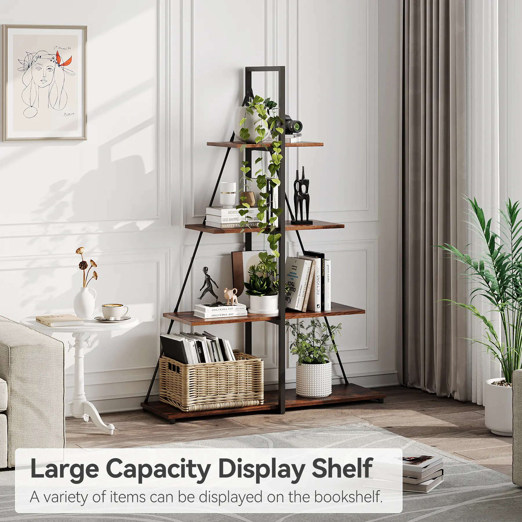 Book Shelf, 4 Tier Ladder Shelf, Ladder Bookcase With Sailboat A Shaped Structure, Bookshelf With Sturdy Shelves Display, Wooden Storage Bookshelves for Living Room, Home Office, Bedroom