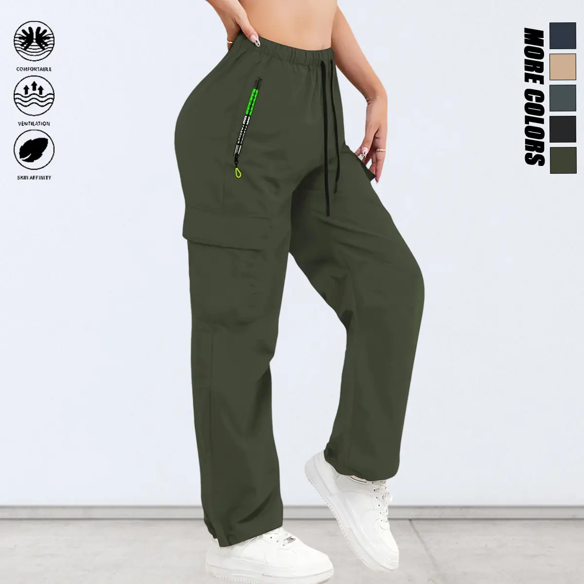 Women’s outdoor cargo pants with multiple pockets, solid color, drawstring elastic waistband; suitable for outdoor sports and casual wear; women’s long pants.Spring/autumn pants, women’s apparel — summervibes