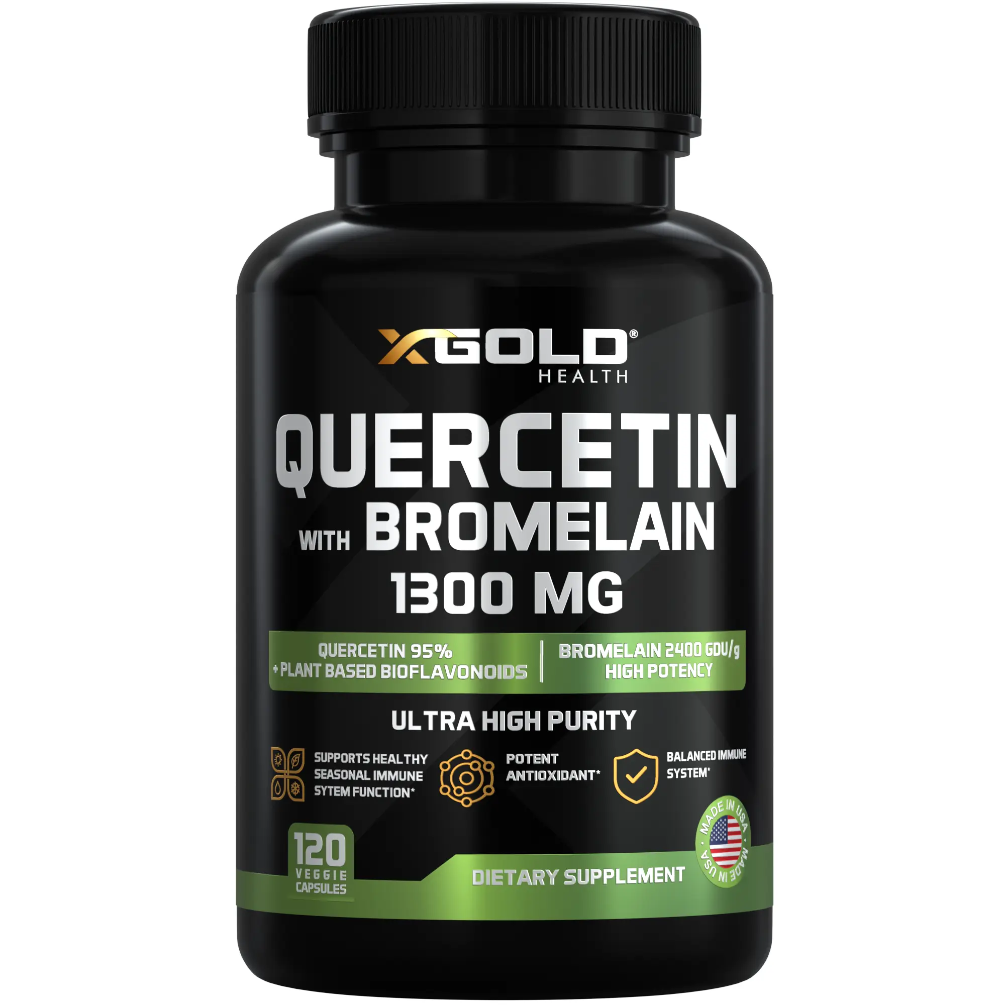 Quercetin + Bromelain 1,300mg – Quercetin: 95% - Highly Purified and Highly Bioavailable Plus Bromelain 2,400 GDU/g - Made in USA | 120 Capsules