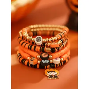 Vintage Halloween Pumpkin Ghost-colored Soft Clay Bead Foldable Bracelet Set, Holiday Party Jewelry Gifts For Celebration Modern Fashion Accessories