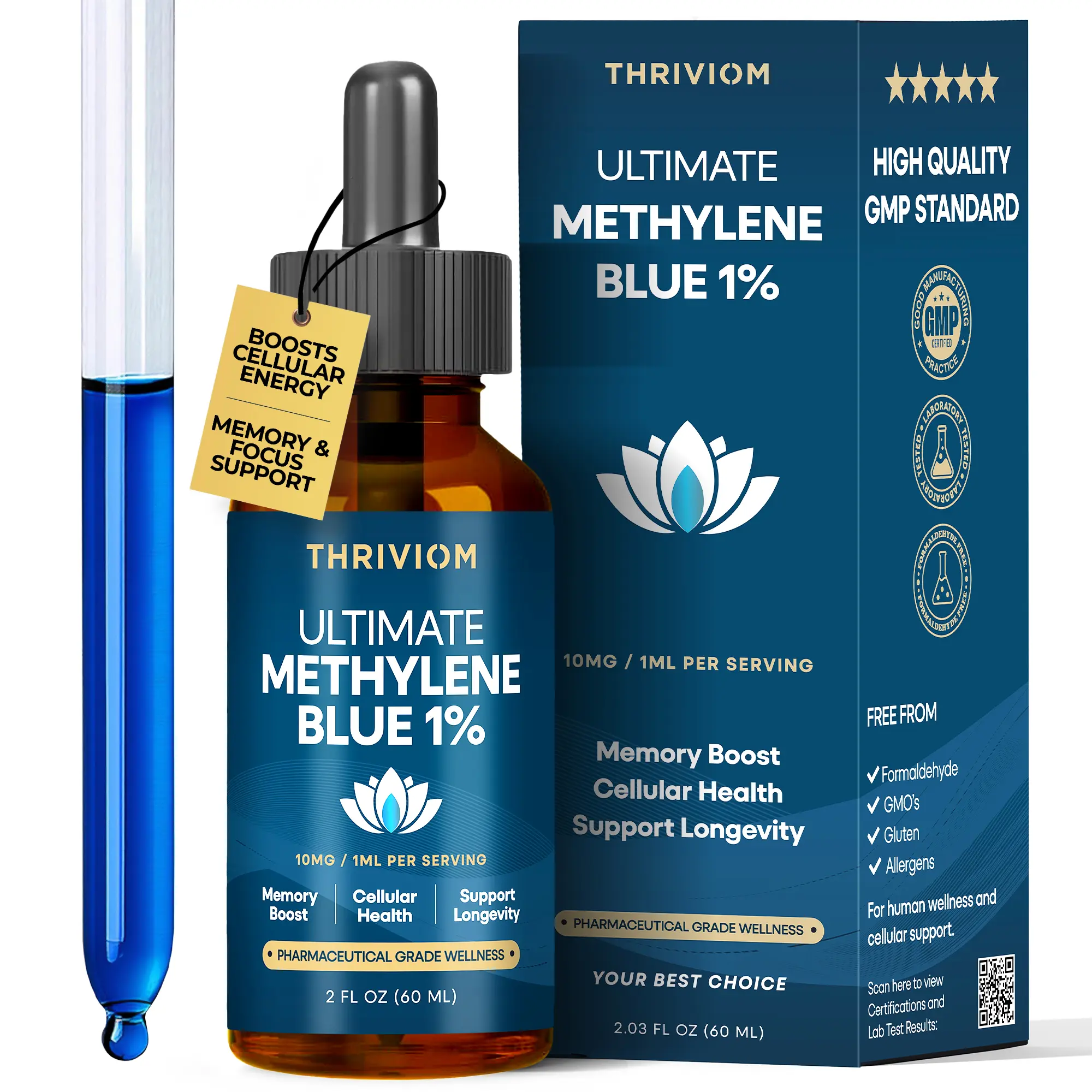 Methylene Blue 1% USP Grade 60 ML (2 FL OZ) Solution | THRIVIOM | Pharmaceutical Quality | Lab Tested & GMP Certified | Made in USA