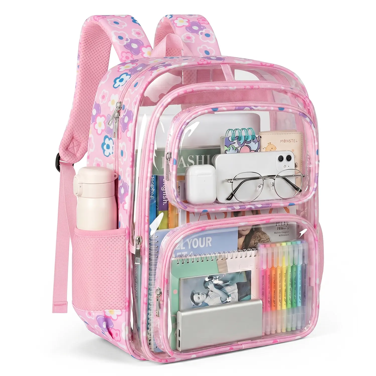 Clear PVC School Bag with 4-Layers See Through Storage, Backpack Transparent Heavy Duty Bookbag with Padded Shoulder Straps, Large Capacity Multi Pocket Schoolbag for Travel, College, Work, Security Check, Semi-Transparent Stadium back to school