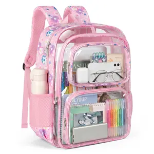Clear PVC School Bag with 4-Layers See Through Storage, Backpack Transparent Heavy Duty Bookbag with Padded Shoulder Straps, Large Capacity Multi Pocket Schoolbag for Travel, College, Work, Security Check, Everyday Use