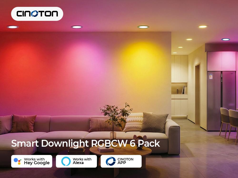 CINOTON 6-Pack 6-Inch Wi-Fi Canless Recessed Lighting with Gateway & Junction Box, 16W RGB Color Changing (2700-6500K) Dimmable Downlights Compatible with Alexa & Google Assistant