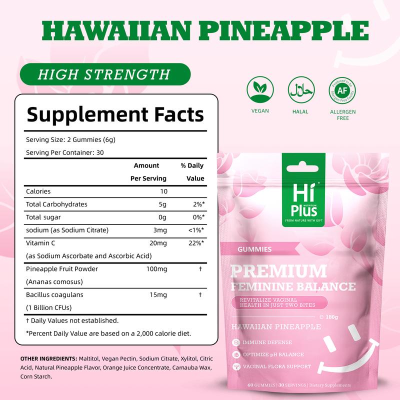 HiPlus Premium Feminine Balance Gummies for Women's Health & Wellness Immune Support Vegan Gluten-Free Hawaiian Pineapple Flavor 60 Gummies 30 Servings acne safe supplements clear skin hormone balance Liposomal NAD Energy Supplement Bundle