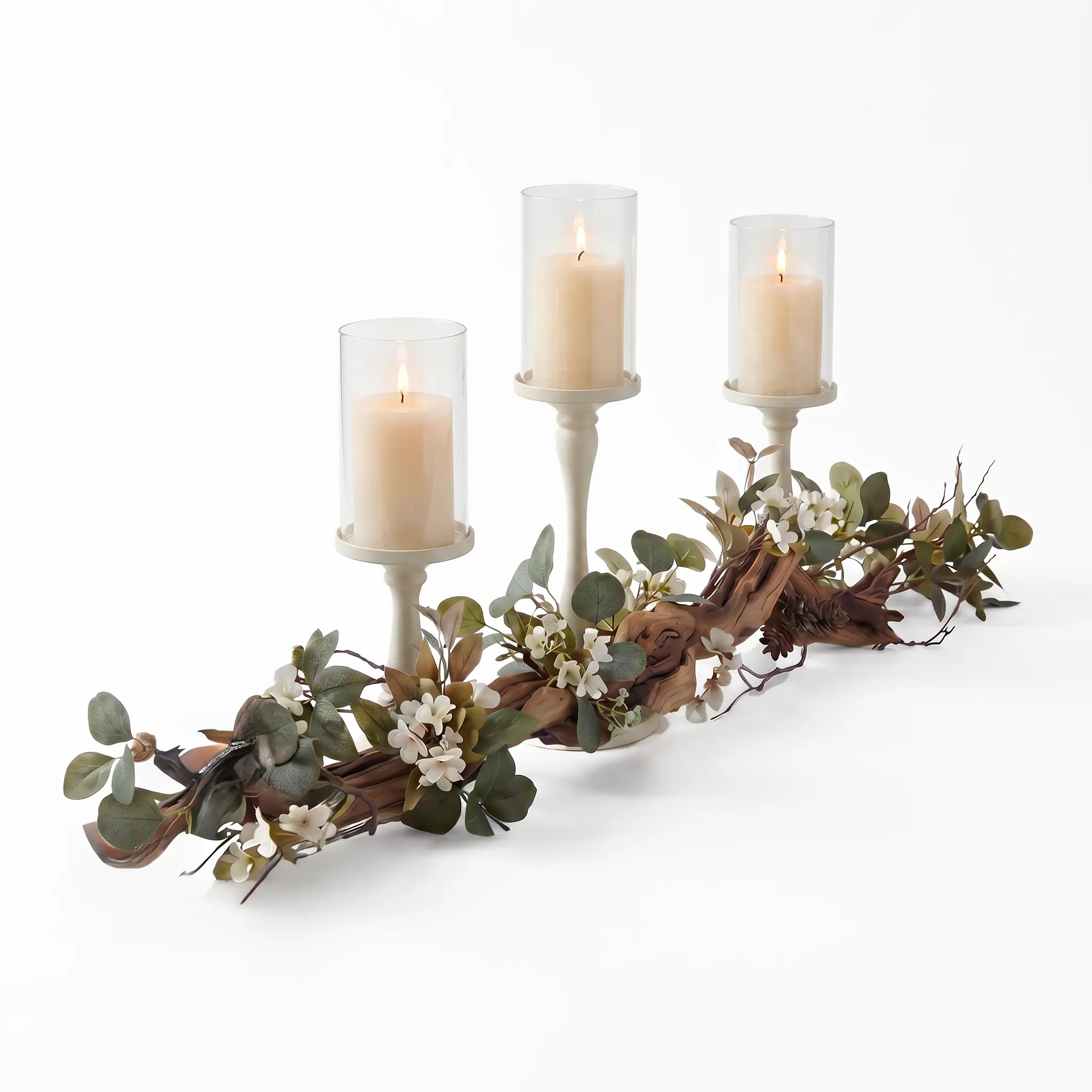 Rustic Farmhouse Centerpiece : Eucalyptus Garland Faux Driftwood with IVORY Candle Holders, Table Decor