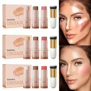 3-color set: contour stick, blush stick, highlighter stick, bronzer stick. Creamy-textured contour set with included brush, smooth and long-lasting, creates a flawless look, fresh and non-greasy finish, available in light to medium-deep shades.