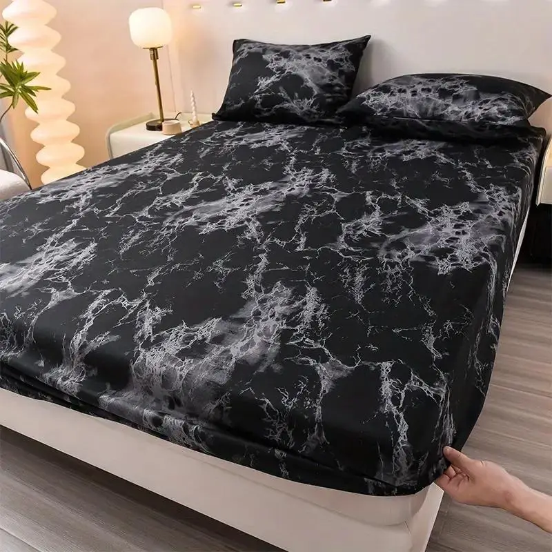 Marble Print Fitted Sheet Set without Filler, 3 Counts/set Including 1 Count Fitted Sheet & 2 Counts Pillowcase, Room Accessories Soft Comfortable Bed
