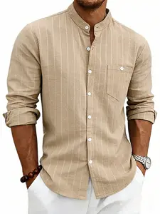 Men's Natural Linen Jacquard Striped Stand Collar Shirt, Casual Buttoned Pocket Design, Loose-Fitting Long Sleeve, All Seasons Fashion, Casual Collared Shirt