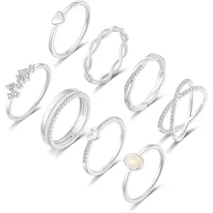 8PCS 14K Gold/Silver Plated Ring Set for Women Dainty CZ Simulated Diamond Ring Eternity Wedding Band Non-Tarnish Gold Stackable Rings Size 4-12