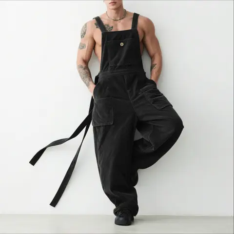 INCERUN Men's Vintage Baggy Corduroy Overalls - Menswear Solid Color Polyester Jumpsuit with Cargo Pockets, Adjustable Straps, Lace-Up Detail, Easy Casual Wear