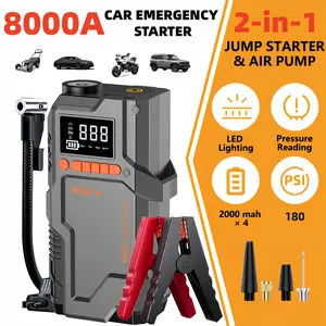 Multi-functional car emergency starter, Automotive tool kit, 2-in-1 car repair kit, 8000A car start power supply and 180 psi air compressor, 12V/24V wireless charger, equipped with alligator clip and inflation accessories, car emergency rescue tool