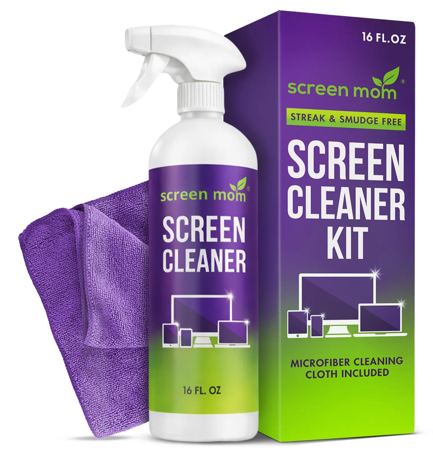 Screen Mom Screen Cleaner Spray (16oz) to Keep Your TVs, Laptops, Monitors, Tablets, Phones, and all other Electronic Devices Clean. Includes Large Purple Microfiber Deluxe Towel