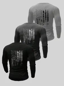 Men's American Flag Print Long Sleeve Graphic Tee, Casual Comfy Round Neck T-shirt for Daily Wear, Men's Top for All Seasons