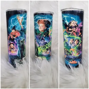 Hocus Pocus Halloween 20oz Tumbler Featuring Iconic Witch Characters and Cat Design Perfect for Halloween Fans