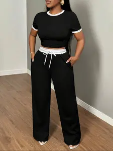 Women's Casual Home Set, Soft Colorblock Round Neck Short Sleeve Top & Wide Leg Drawstring Pants, Comfortable All-season Wear