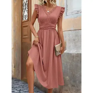 Ladies' Summer Boho/Bohemian/Festival Solid Color Ruffle Trimmed Ruched Waist Dress Maxi Dress Long Dress Women Dress Suitable For Dates, Work, Vacation