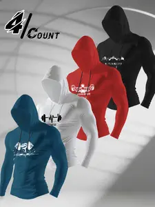 Men's 4-piece fitness hooded long sleeved T-shirt set, featuring barbell and "no effort, no gain" pattern screen printed clothing, suitable for gym training and daily wear, durable screen printed design, suitable for fitness enthusiasts and trendsetters