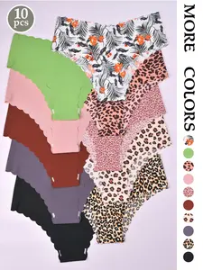 10 Pack Women's Breathable No Show Underwear, Wave Edge Anti-Roll Lion Print, Leopard & Morandi Solid Color, Essential Triangle Panties for All Seasons