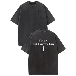 Washed Vintage Cross Graphic Tee I Can't But I Know a Guy Print Oversized Short Sleeve Shirt