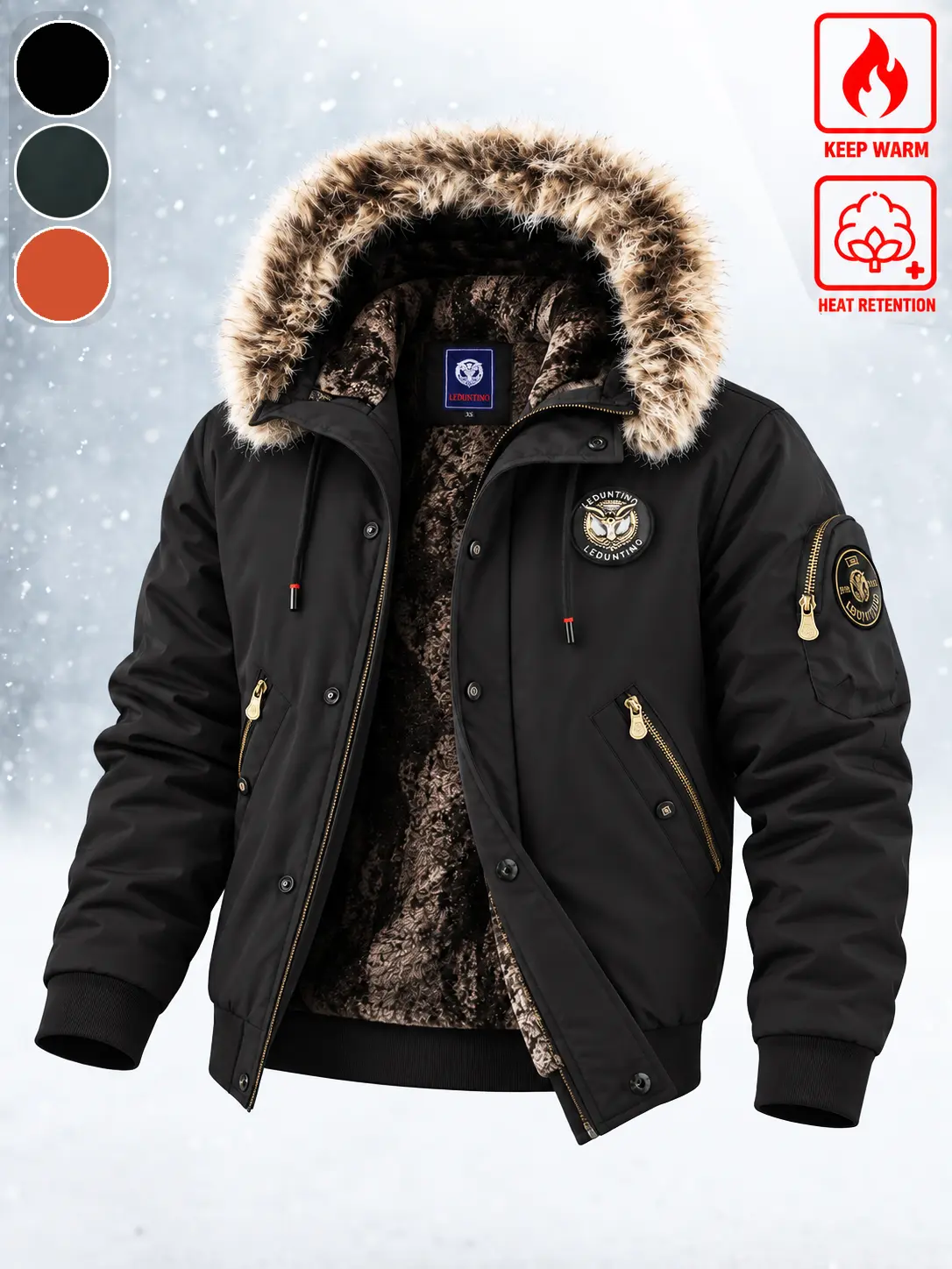 Men's Wind Control Fleece-Lined Puffer Coat, Long Sleeve Menswear Windproof Outerwear with Faux Fur Hood, Thick Cold Weather Zip-Up Wearable Hooded Jacket, Casual Outdoor Top