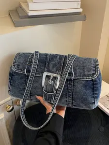 Fashionable large capacity retro versatile shoulder bag, simple and casual texture daily handbag, niche design belt buckle small square bag, suitable for shopping, commuting, work, daily outings, and parties, Denim Shoulder Purse