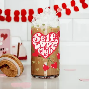 Self Love Club Mug | Valentines Day Drinkware Modern | Cute Valentines Day Coffee Mug Gifts for Women | Red Cherry Retro V-Day Glass Cups with Wood Lid Bamboo Glass Cups