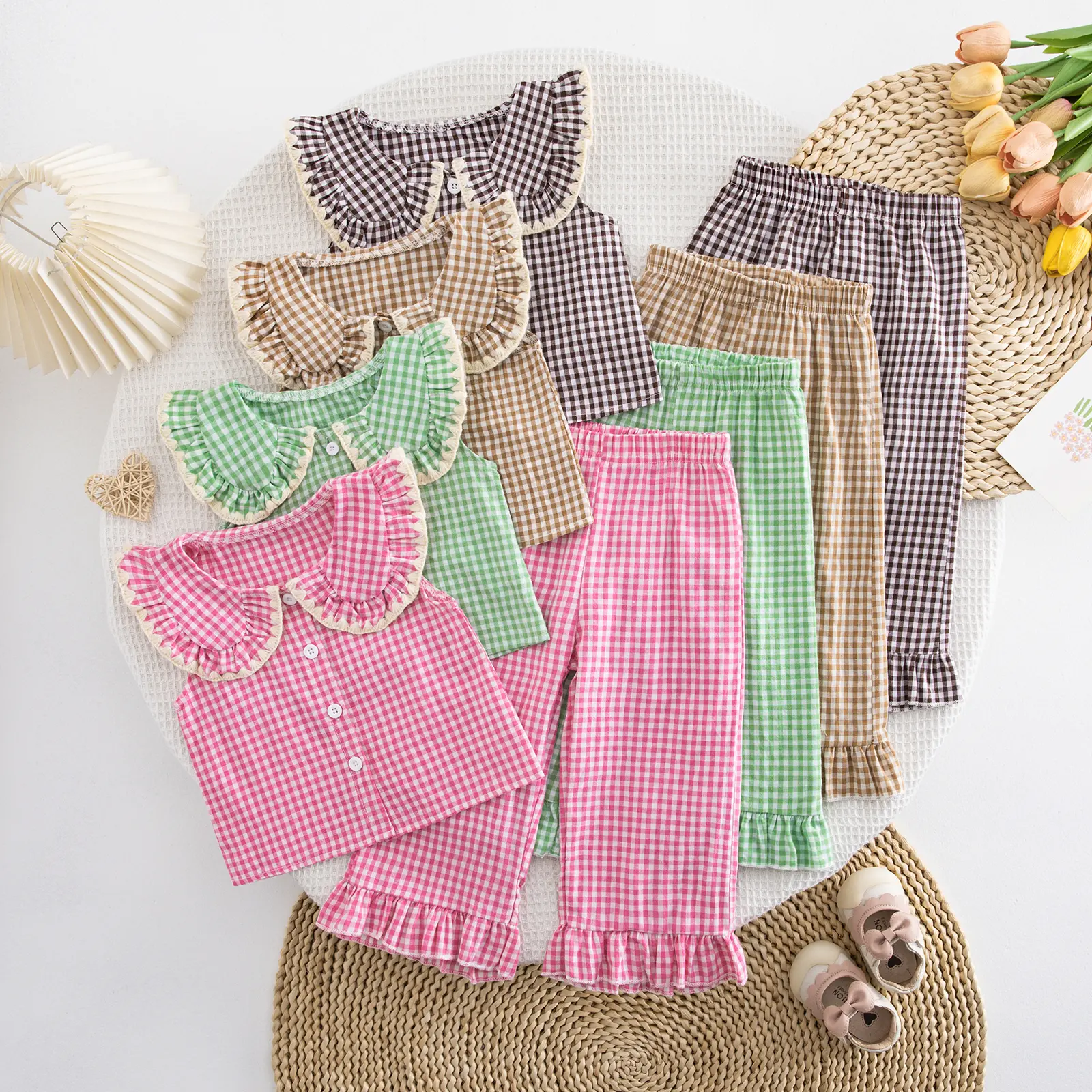 Girls Summer Outfits Ruffle Sleeve Button Up Dress Tops Plaid Linen Pants Spring Toddler Girl Clothes