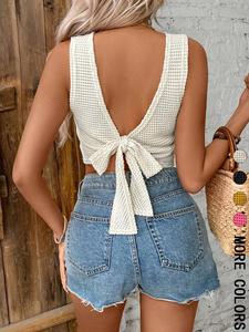 women's plain tie back waffle knit tank top, casual sleeveless top for daily wear, ladies clothes for all seasons, summer tops, boho chic sleeveless camisole, womenswear