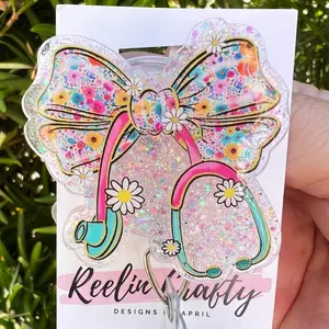 Badge Reel Pink Floral Croquette Bow ID Holder Retractable Nurse Healthcare Reel Clip Medical Worker Funny Personalized Cute Nurse Gift