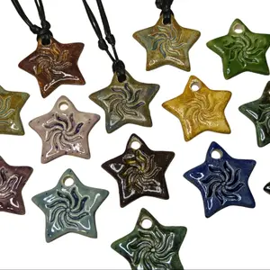 Handmade Ceramic Star Sun Burst Spiral Pendant Y2K Style Boho Hippie Whimsical Choker Adjustable Black Corded Necklace Clay Charms Jewelry