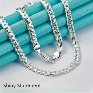 New 925 silver full side chain necklace 5mm, length 50-60cm, men's and women's fashionable jewelry classic and elegant style, suitable for daily wear and gifts. Wide silver-plated