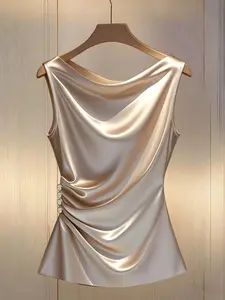 Elegant Glossy Satin Champagne Halter Top with Pearl Buttons, Side Ruched Slim Fit, Versatile Fashion for Daily Wear and