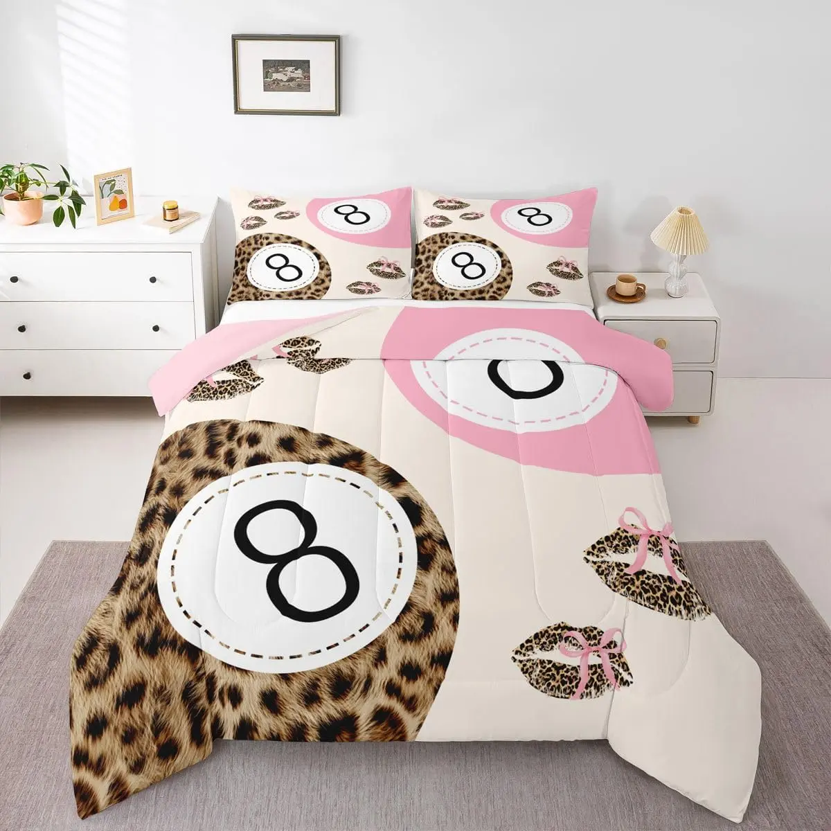 Cheetah Print Bedding,Lucky 8 Ball Comforter Set Leopard Print Bed Sets Trendy Coquette Lips Duvet Insert 3 Pieces