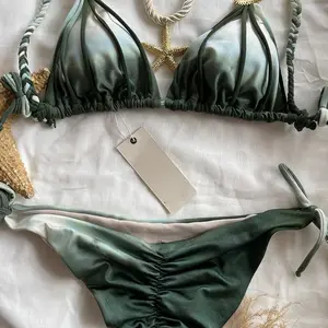 Euphoria Maddy Style Shiny Satin Green Tie Dye Bikini, Sexy Triangle Cup Drawstring Bandage Split Swimsuit Multi Colors For Beach Vacation