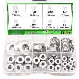 270 count 304 Stainless Steel Flat Washers Assortment Kit 8 Size-1/2 3/8 5/16 1/4 12# 10# 8# 6# 304 Stainless Steel Flat Washers for Screws